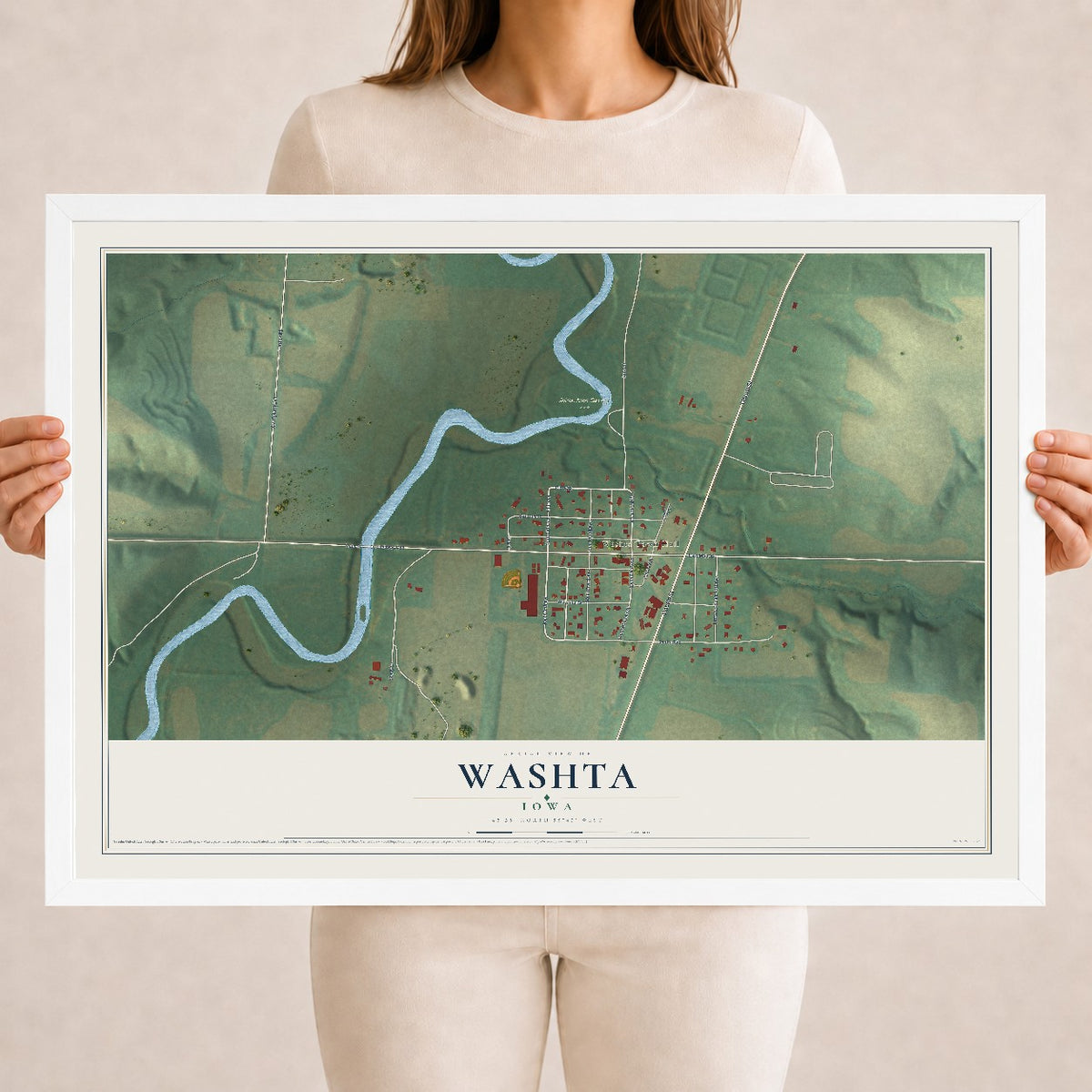 Map of Washta, Iowa, 18 x 24 inch print in a white wood frame