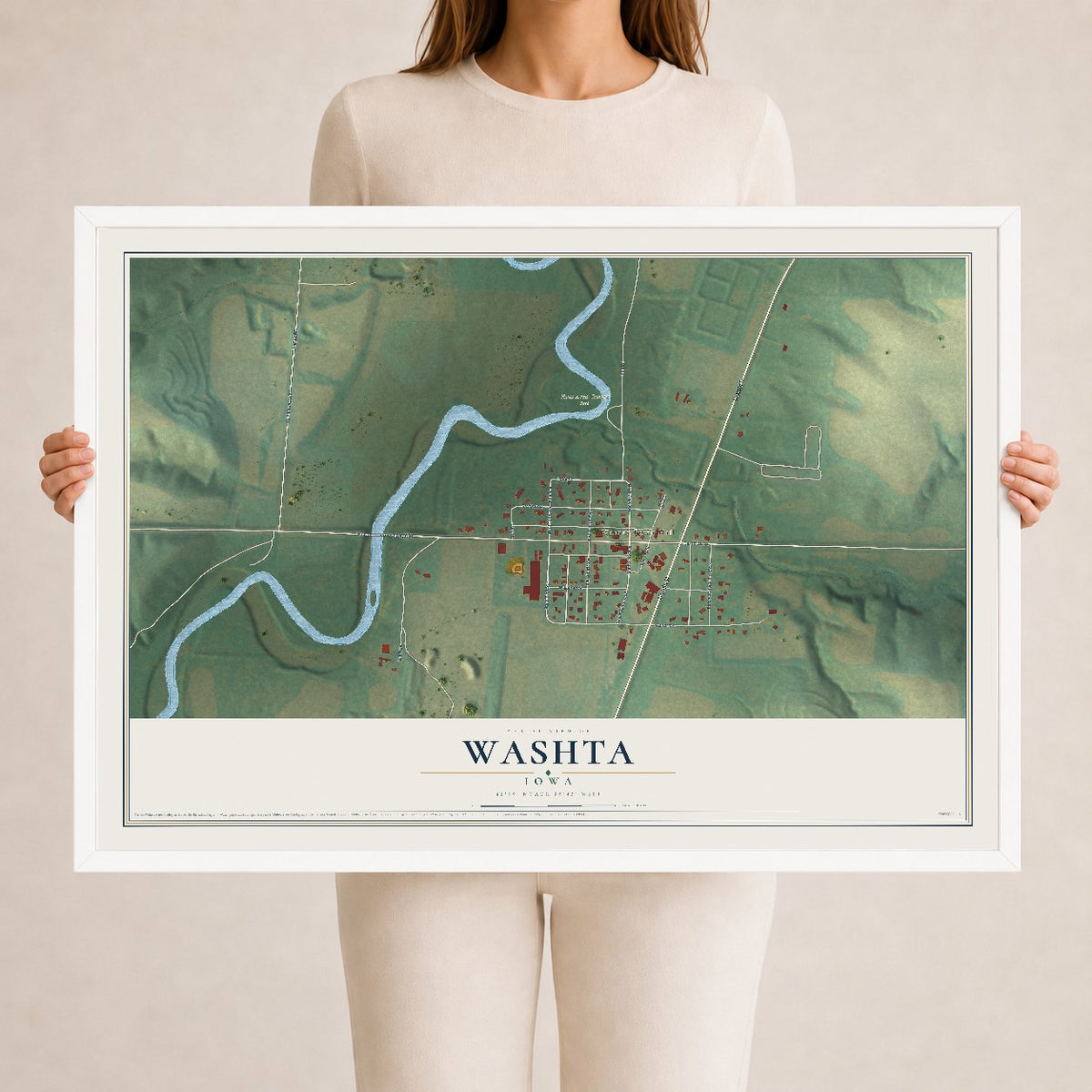 Map of Washta, Iowa, 24 x 36 inch print in a white wood frame