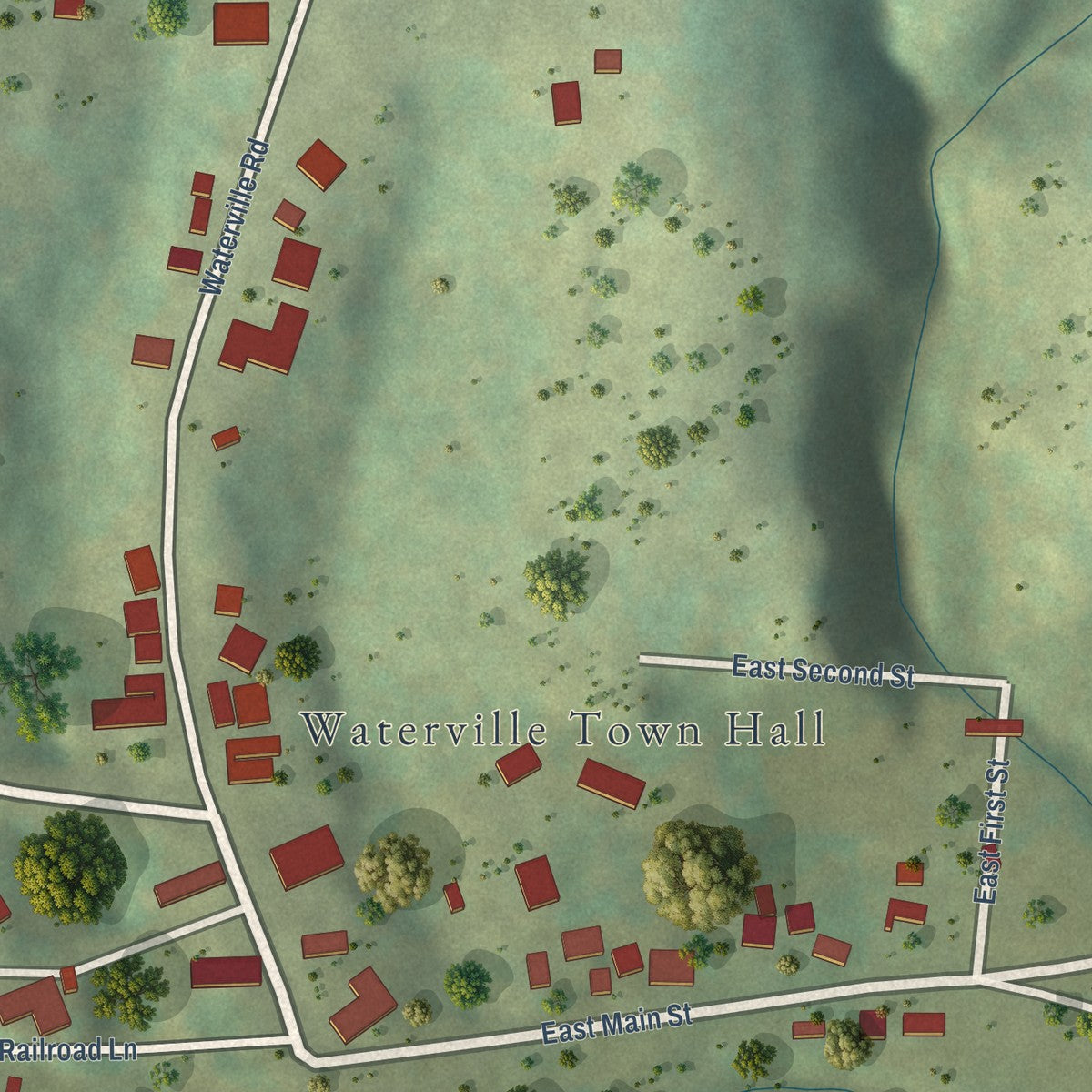 Close-up of the map of Waterville, Iowa print showing street and building detail