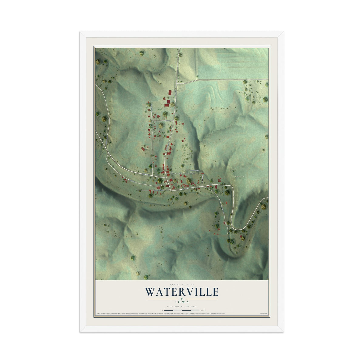 Map of Waterville, Iowa, 12 x 18 inch print in a white wood frame