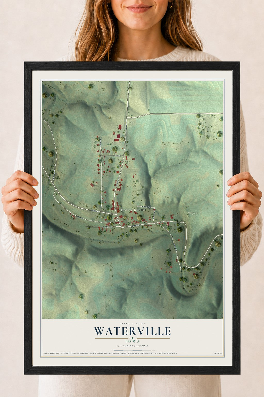 Map of Waterville, Iowa, 18 x 24 inch print in a black wood frame
