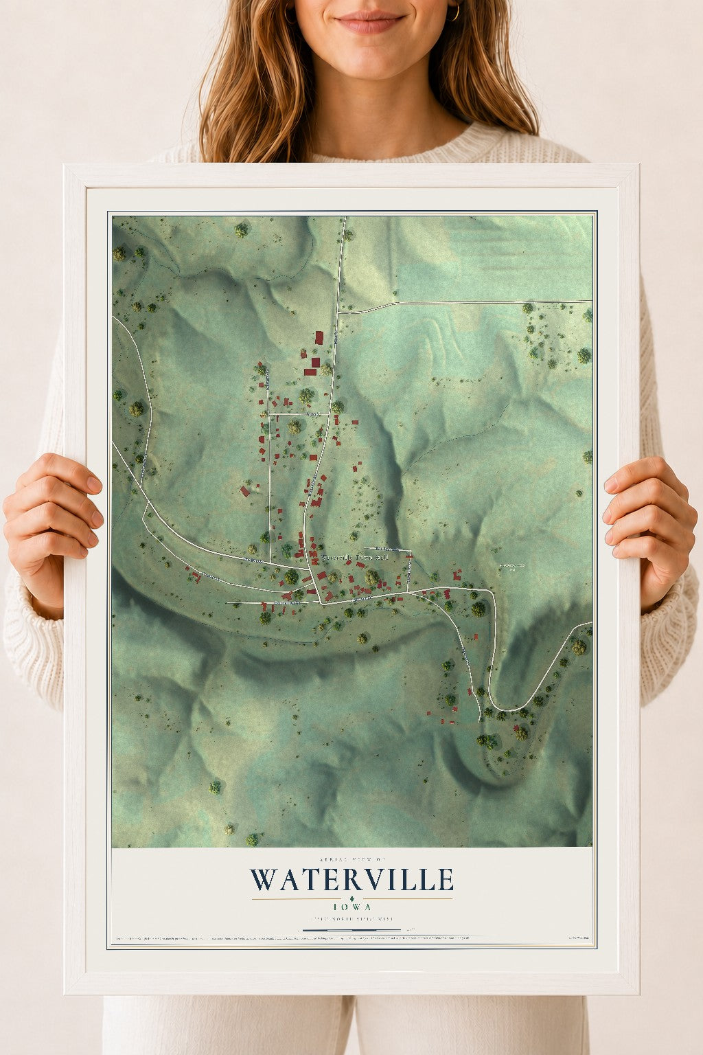Map of Waterville, Iowa, 18 x 24 inch print in a white wood frame