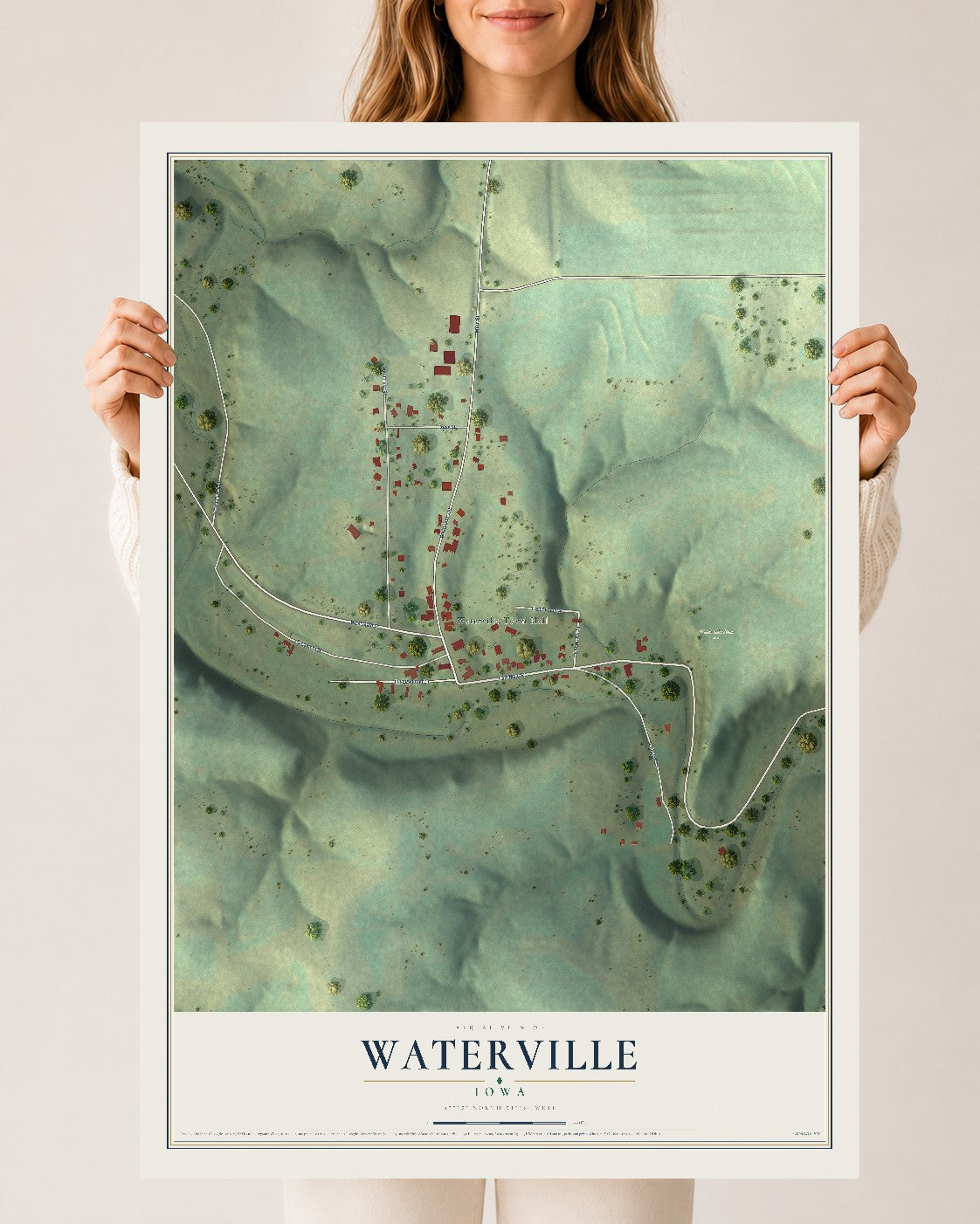 Map of Waterville, Iowa, 24 x 36 inch unframed archival matte print