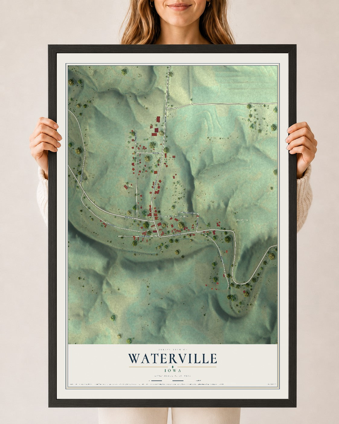 Map of Waterville, Iowa, 24 x 36 inch print in a black wood frame