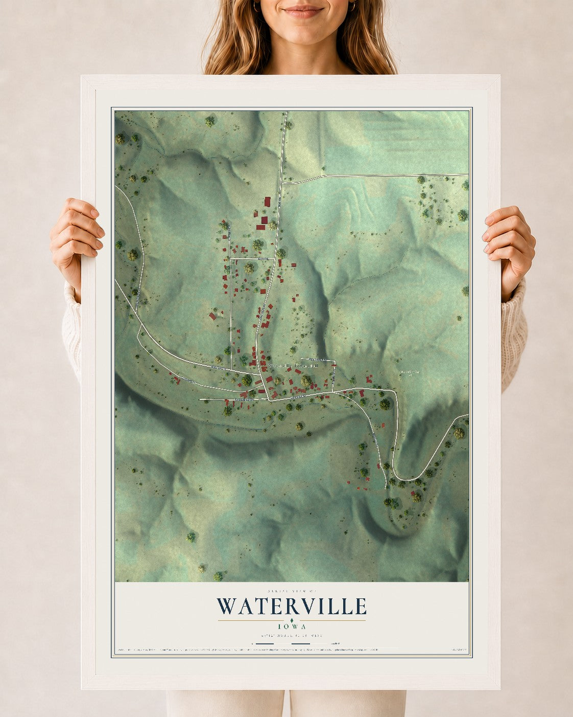 Map of Waterville, Iowa, 24 x 36 inch print in a white wood frame