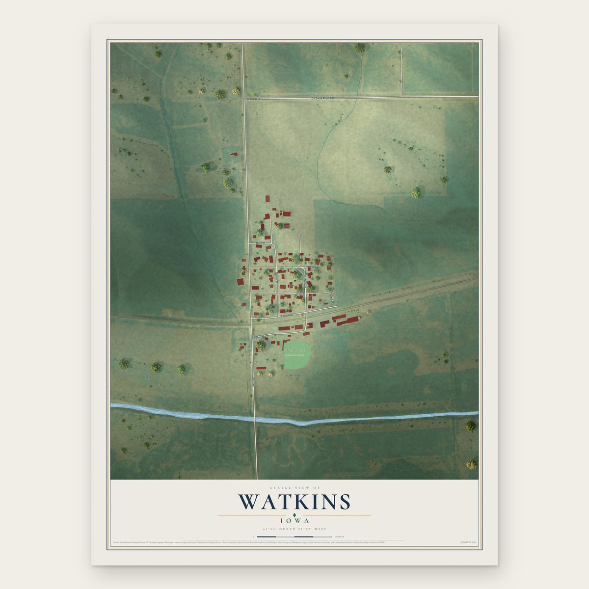 Watkins, Iowa map print, the full design