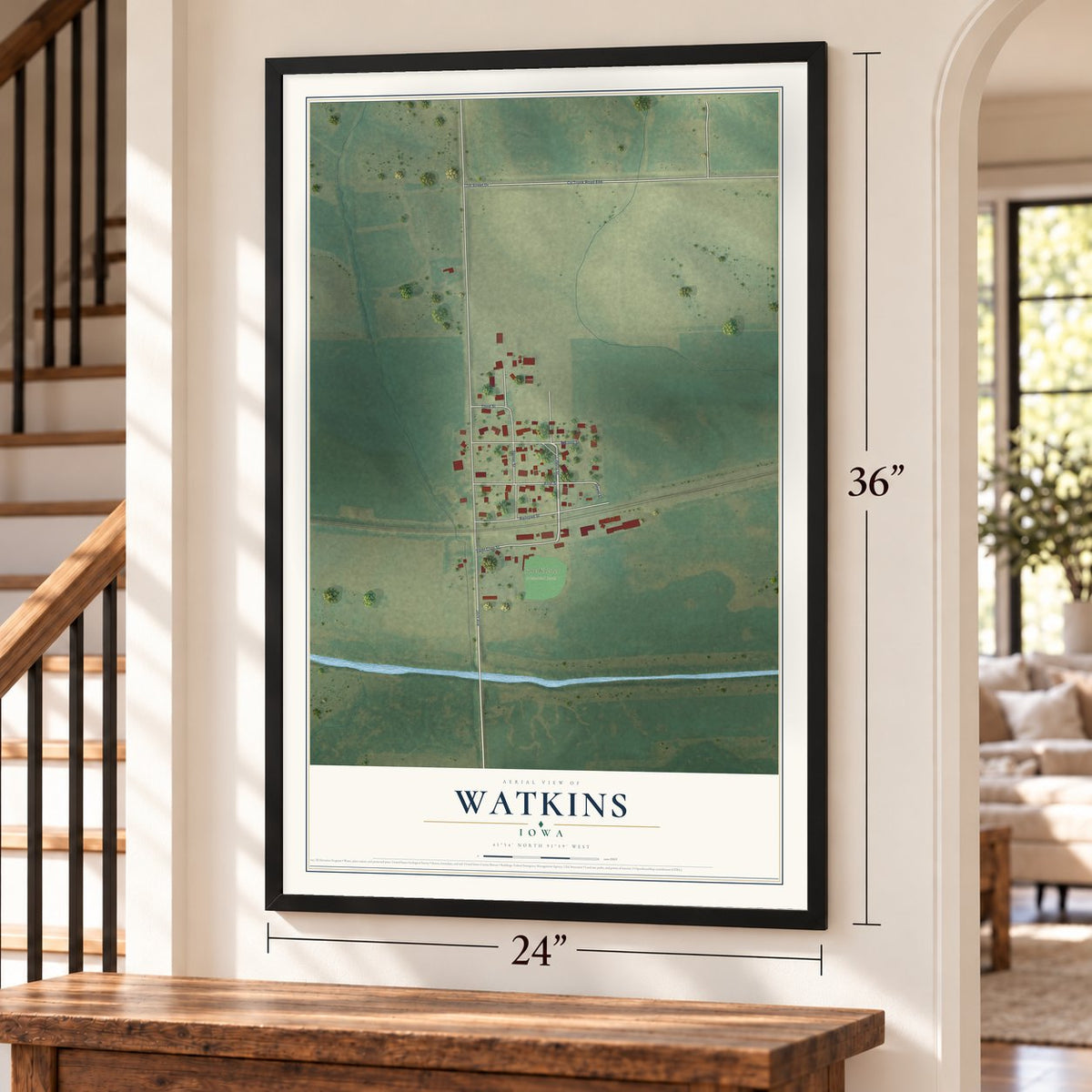 Watkins, Iowa map, 24 x 36 inch print in a black frame by a staircase
