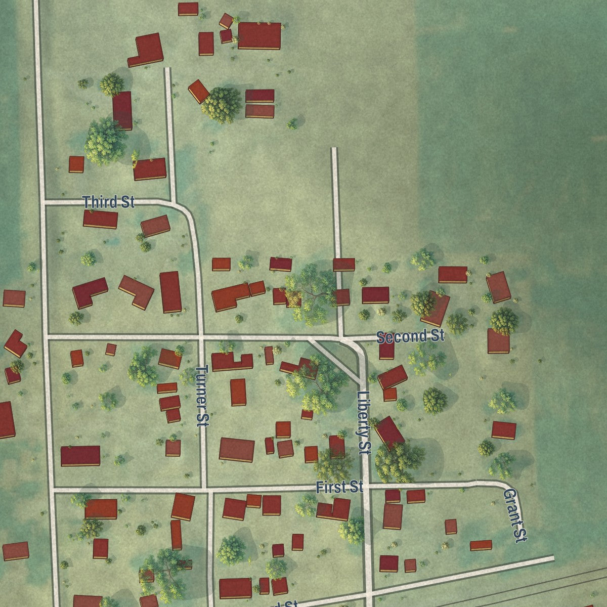 Close-up of the map of Watkins, Iowa print showing street and building detail