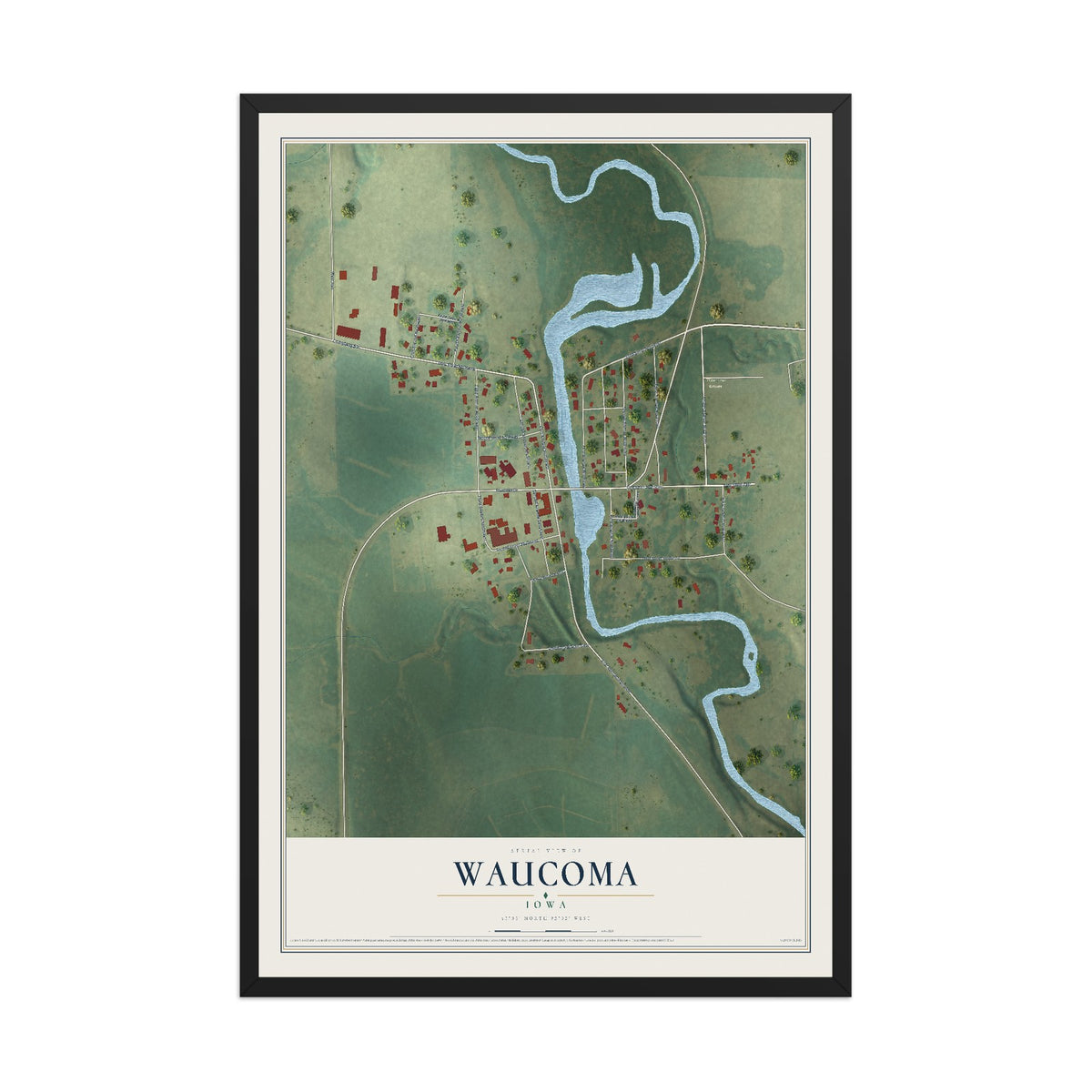 Map of Waucoma, Iowa, 12 x 18 inch print in a black wood frame