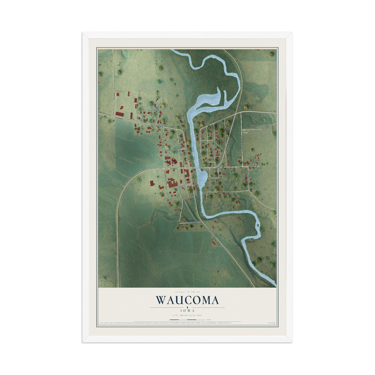 Map of Waucoma, Iowa, 12 x 18 inch print in a white wood frame