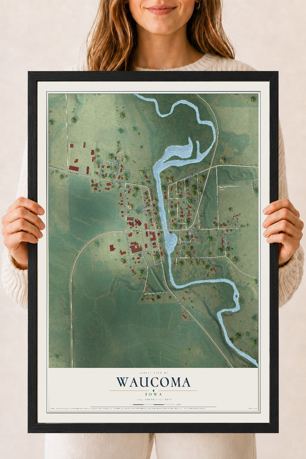 Map of Waucoma, Iowa, 18 x 24 inch print in a black wood frame