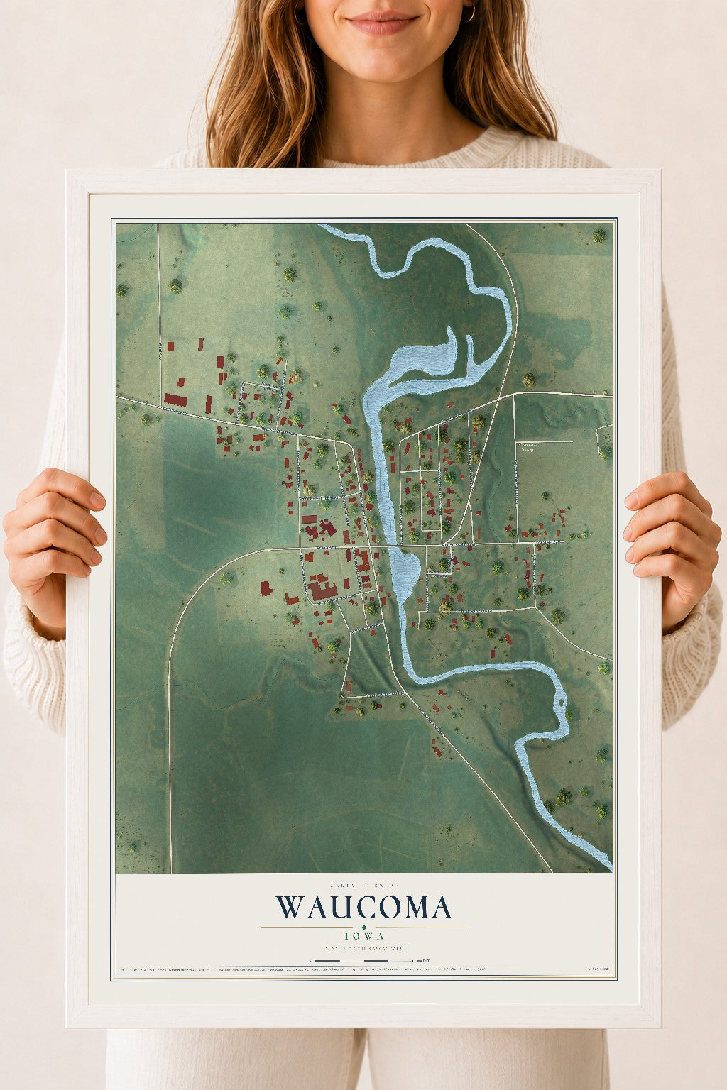 Map of Waucoma, Iowa, 18 x 24 inch print in a white wood frame