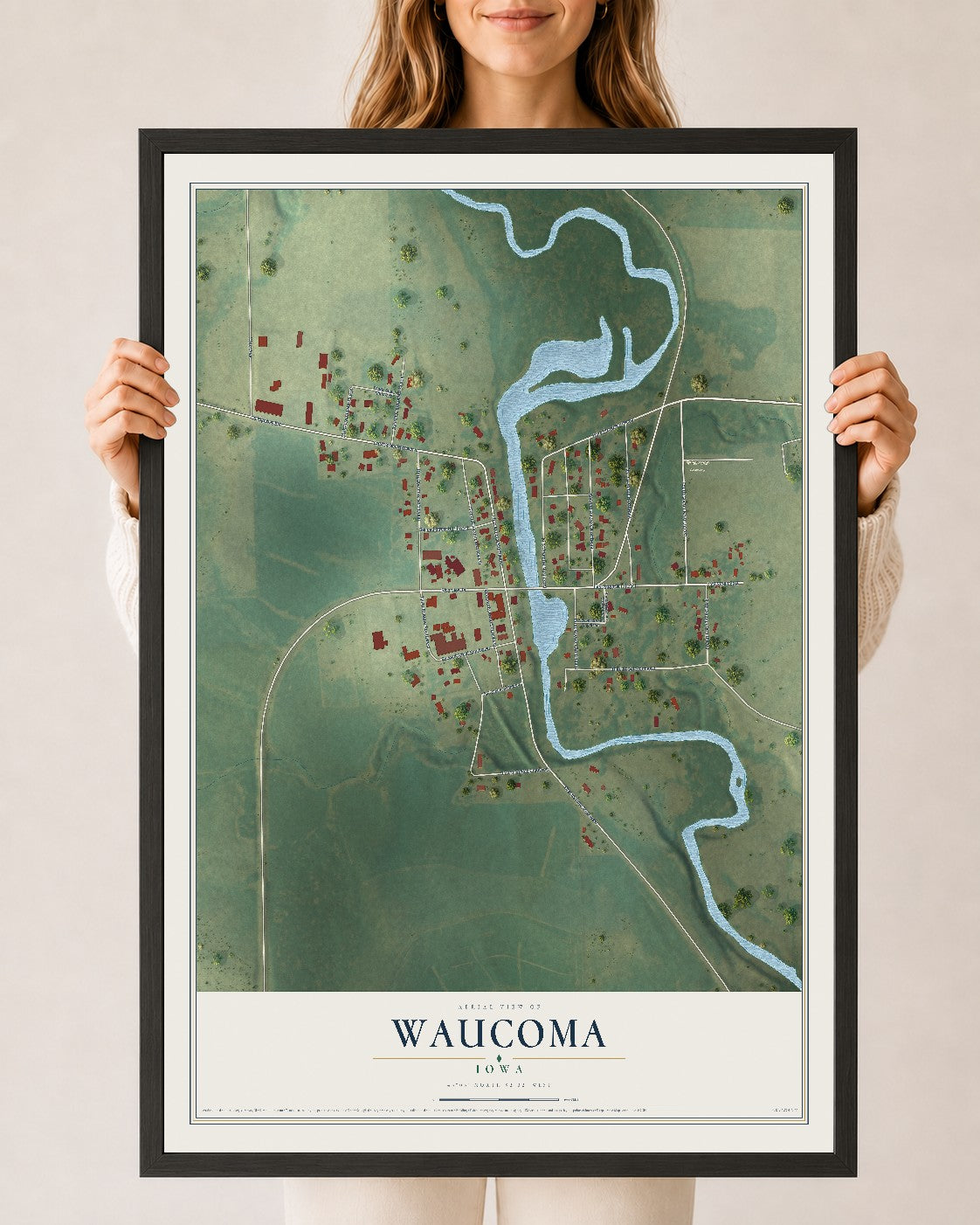Map of Waucoma, Iowa, 24 x 36 inch print in a black wood frame