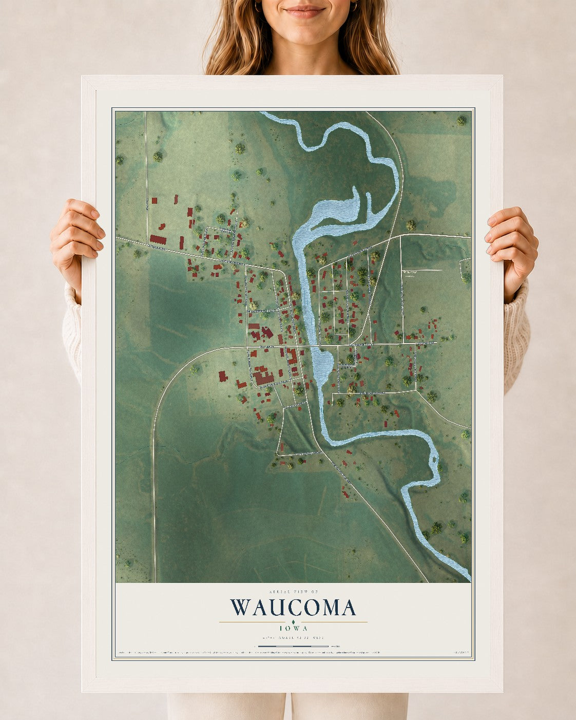 Map of Waucoma, Iowa, 24 x 36 inch print in a white wood frame