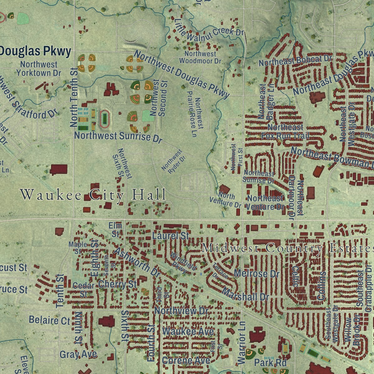 Close-up of the map of Waukee, Iowa print showing street and building detail
