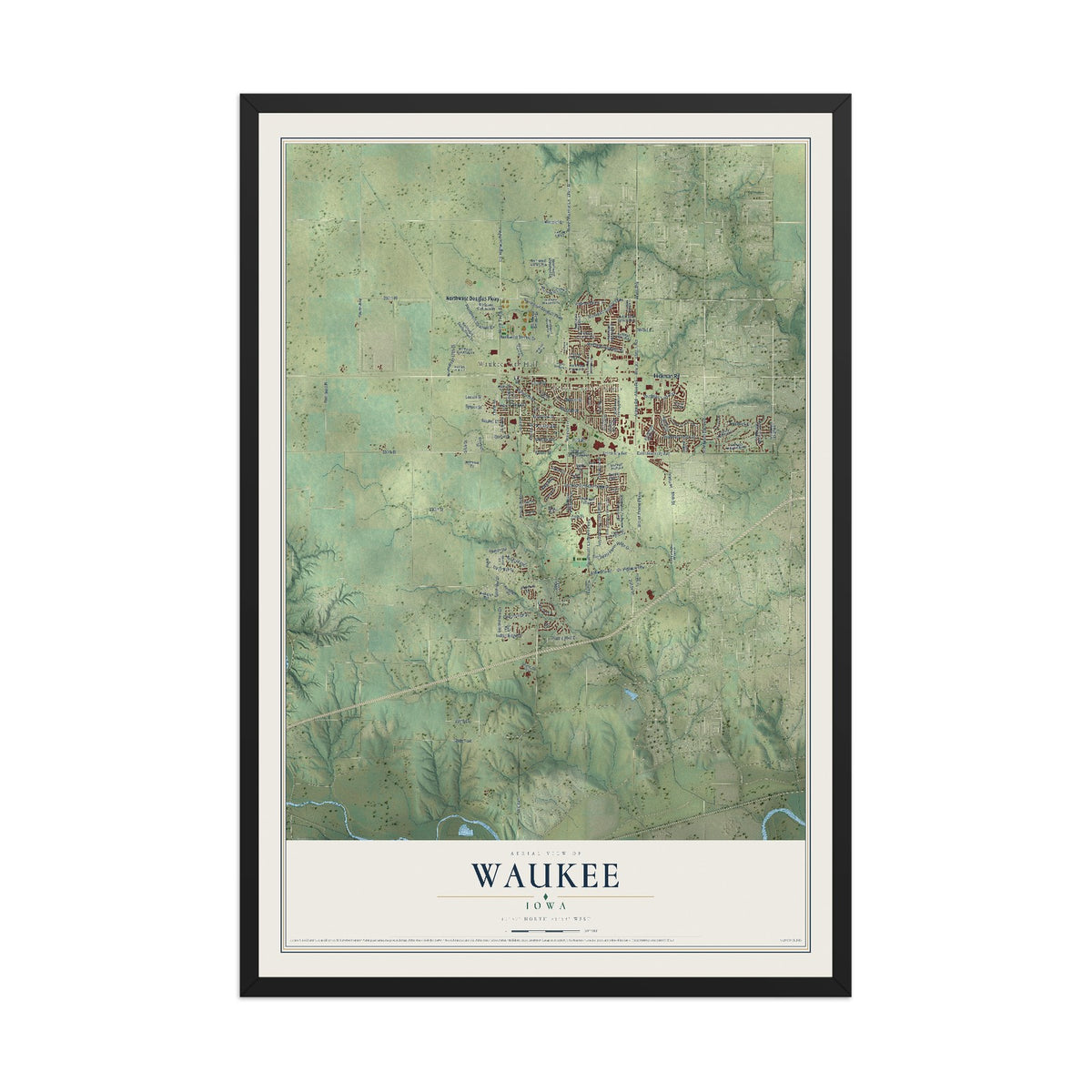 Map of Waukee, Iowa, 12 x 18 inch print in a black wood frame