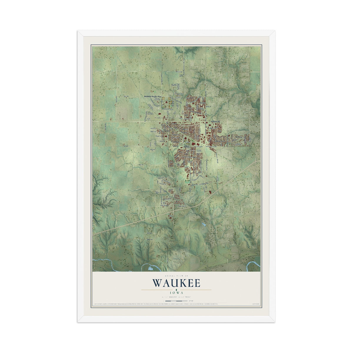 Map of Waukee, Iowa, 12 x 18 inch print in a white wood frame