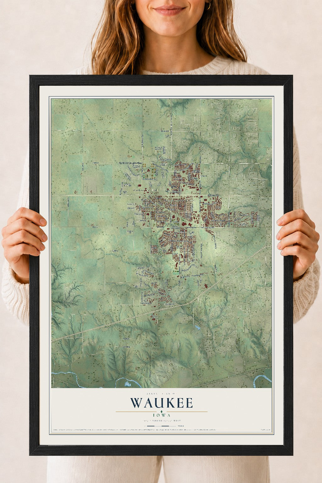 Map of Waukee, Iowa, 18 x 24 inch print in a black wood frame