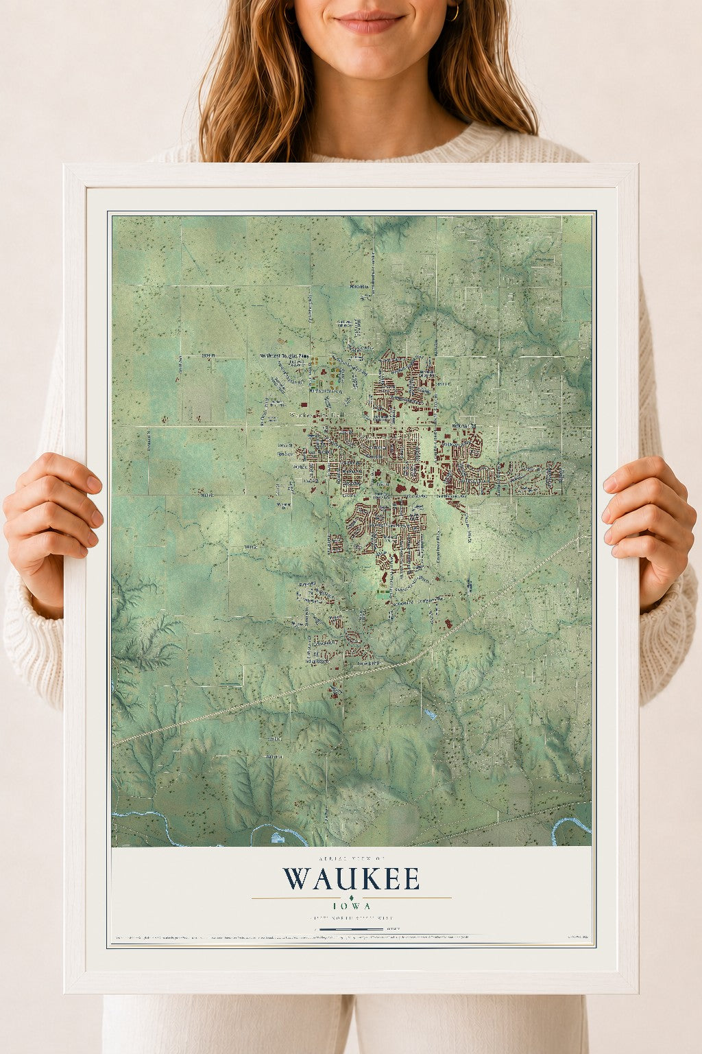 Map of Waukee, Iowa, 18 x 24 inch print in a white wood frame