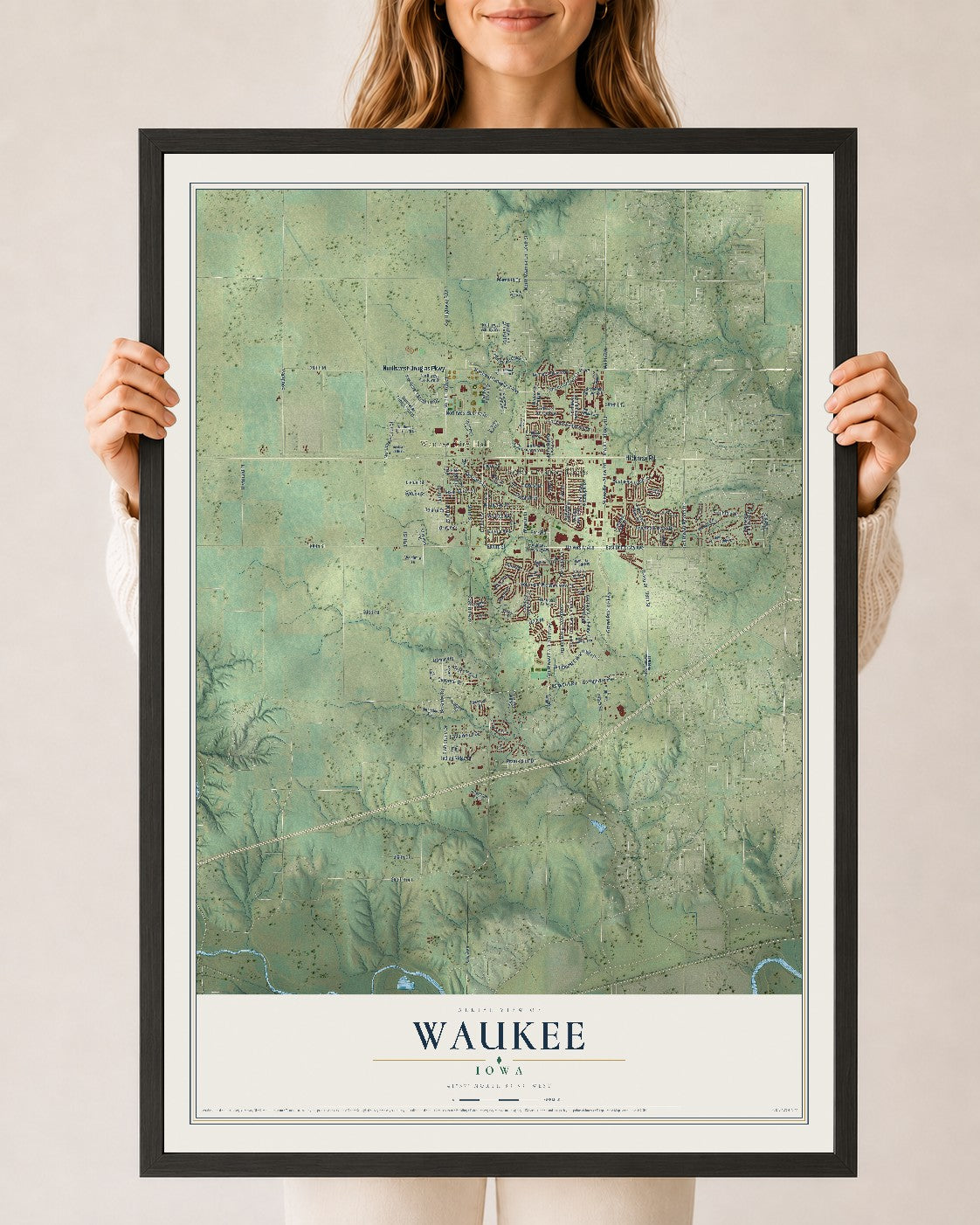 Map of Waukee, Iowa, 24 x 36 inch print in a black wood frame