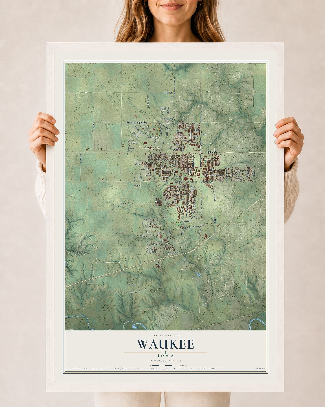 Map of Waukee, Iowa, 24 x 36 inch print in a white wood frame