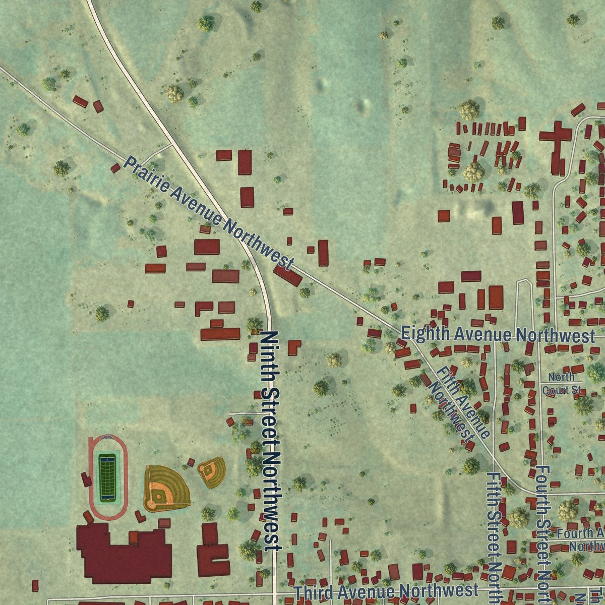 Second close-up of the map of Waukon, Iowa print showing more streets and buildings