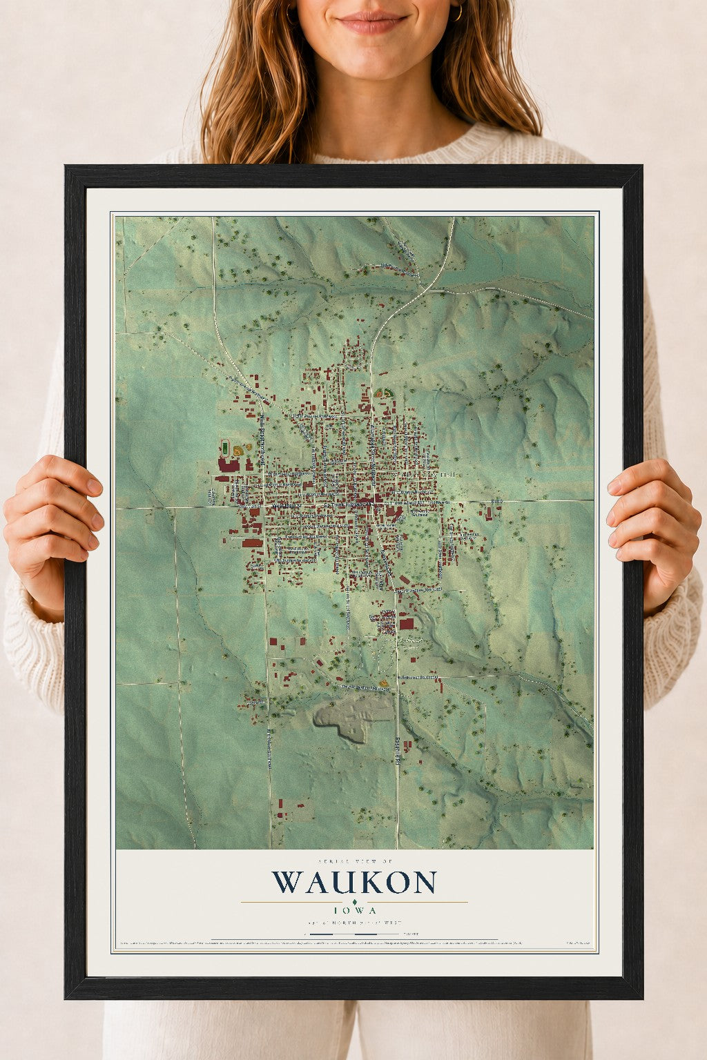 Map of Waukon, Iowa, 18 x 24 inch print in a black wood frame