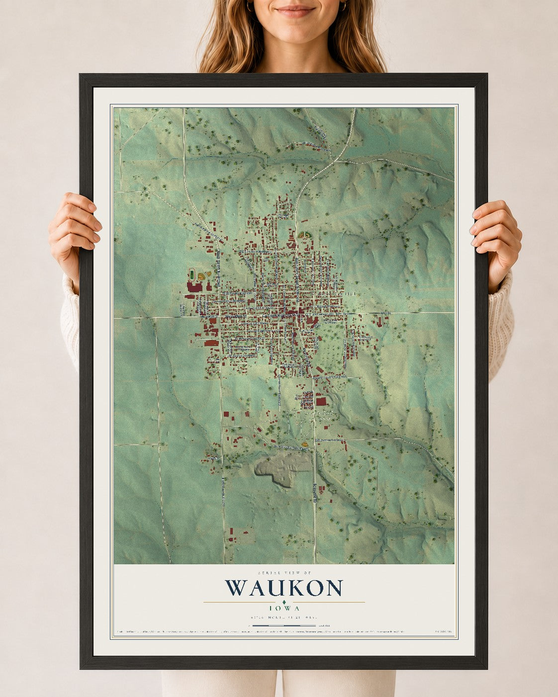 Map of Waukon, Iowa, 24 x 36 inch print in a black wood frame