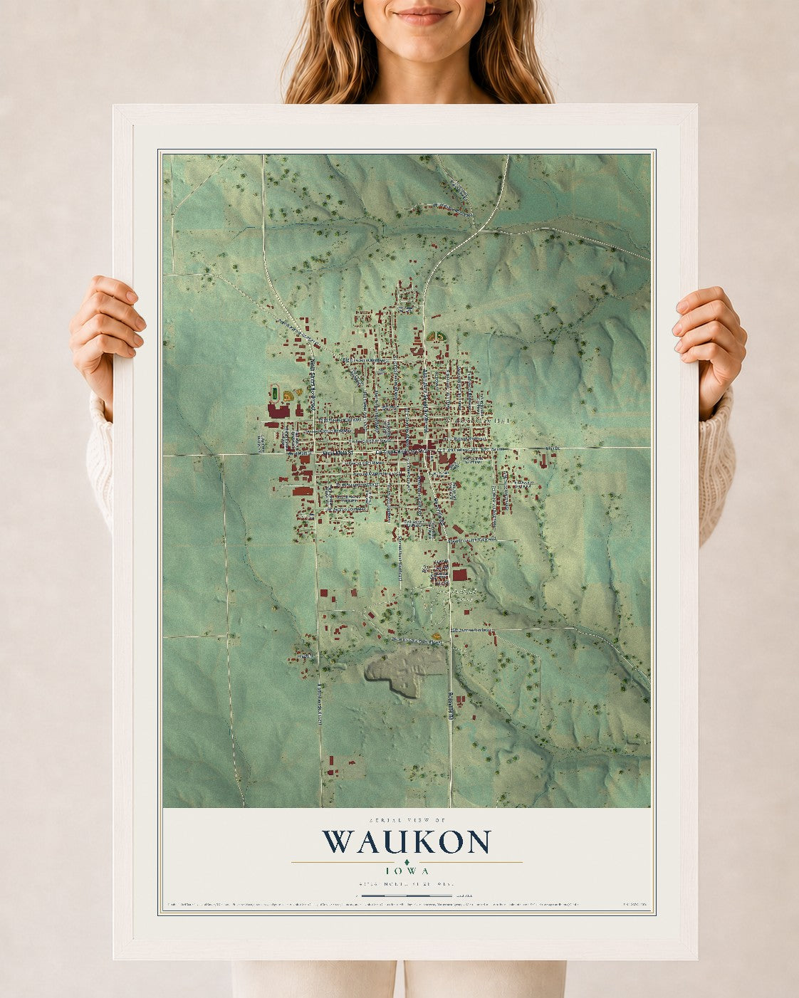 Map of Waukon, Iowa, 24 x 36 inch print in a white wood frame