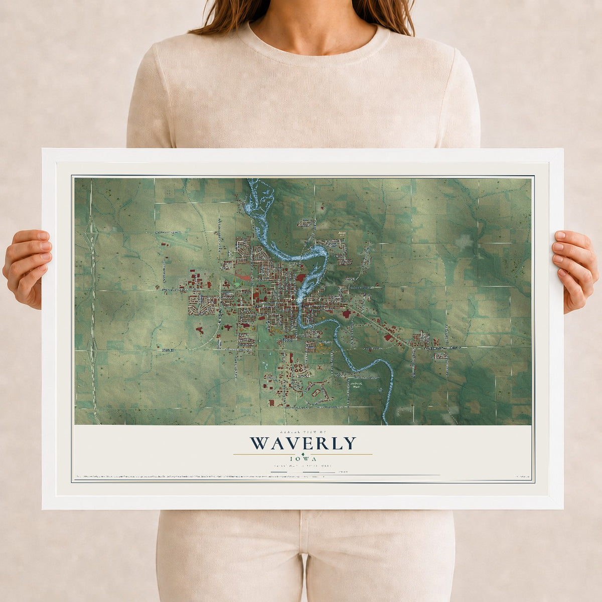 Map of Waverly, Iowa, 12 x 18 inch print in a white wood frame