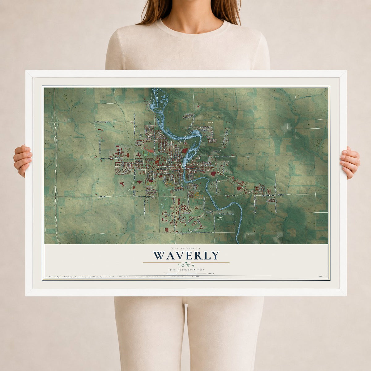 Map of Waverly, Iowa, 24 x 36 inch print in a white wood frame