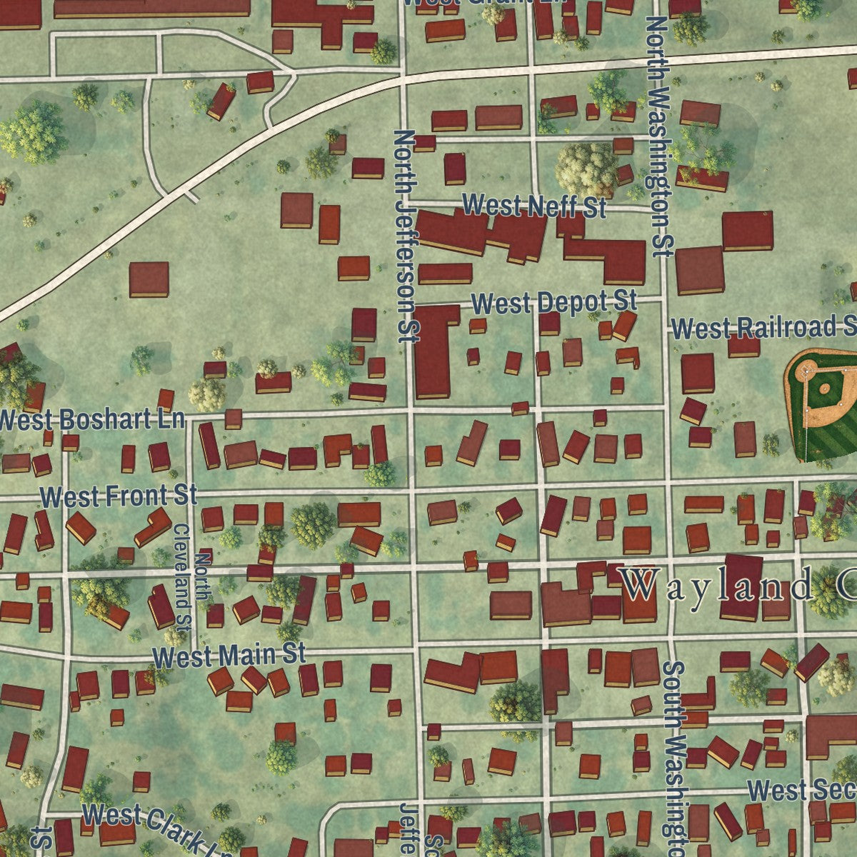 Close-up of the map of Wayland, Iowa print showing street and building detail