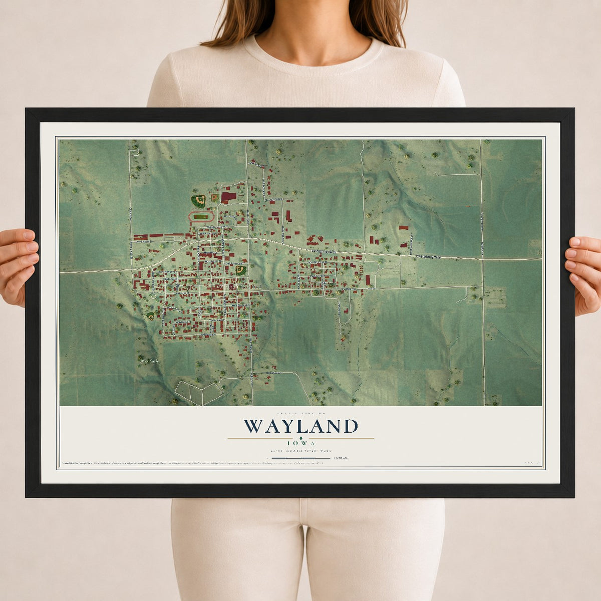 Map of Wayland, Iowa, 18 x 24 inch print in a black wood frame