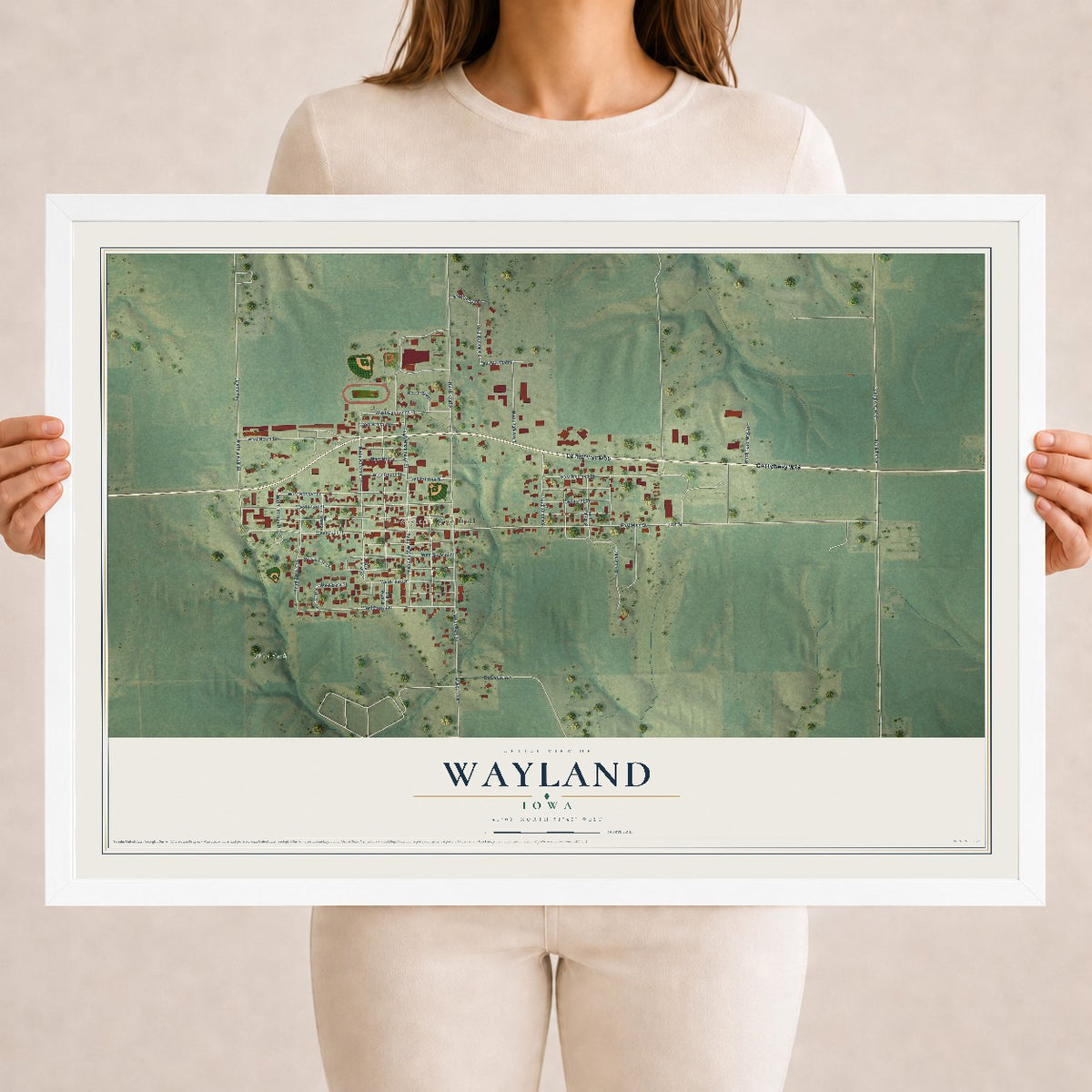 Map of Wayland, Iowa, 18 x 24 inch print in a white wood frame
