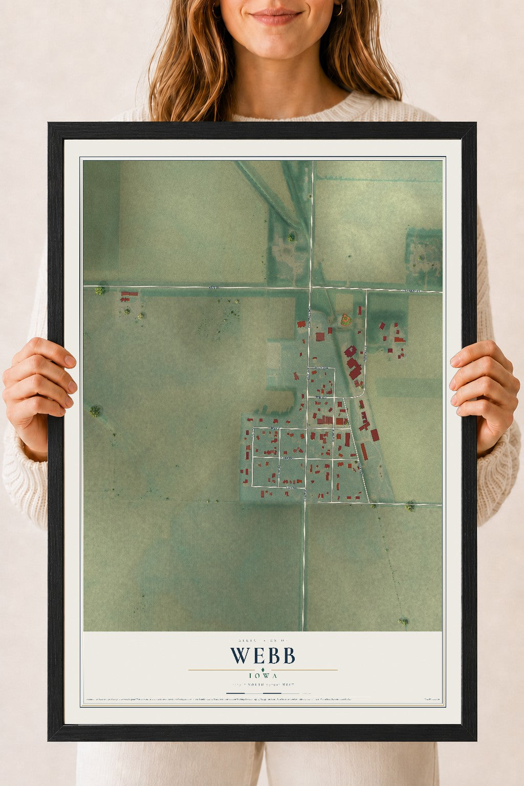 Map of Webb, Iowa, 18 x 24 inch print in a black wood frame