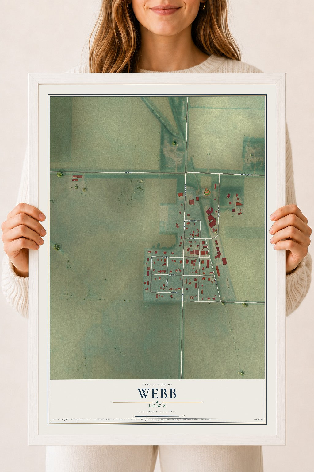 Map of Webb, Iowa, 18 x 24 inch print in a white wood frame