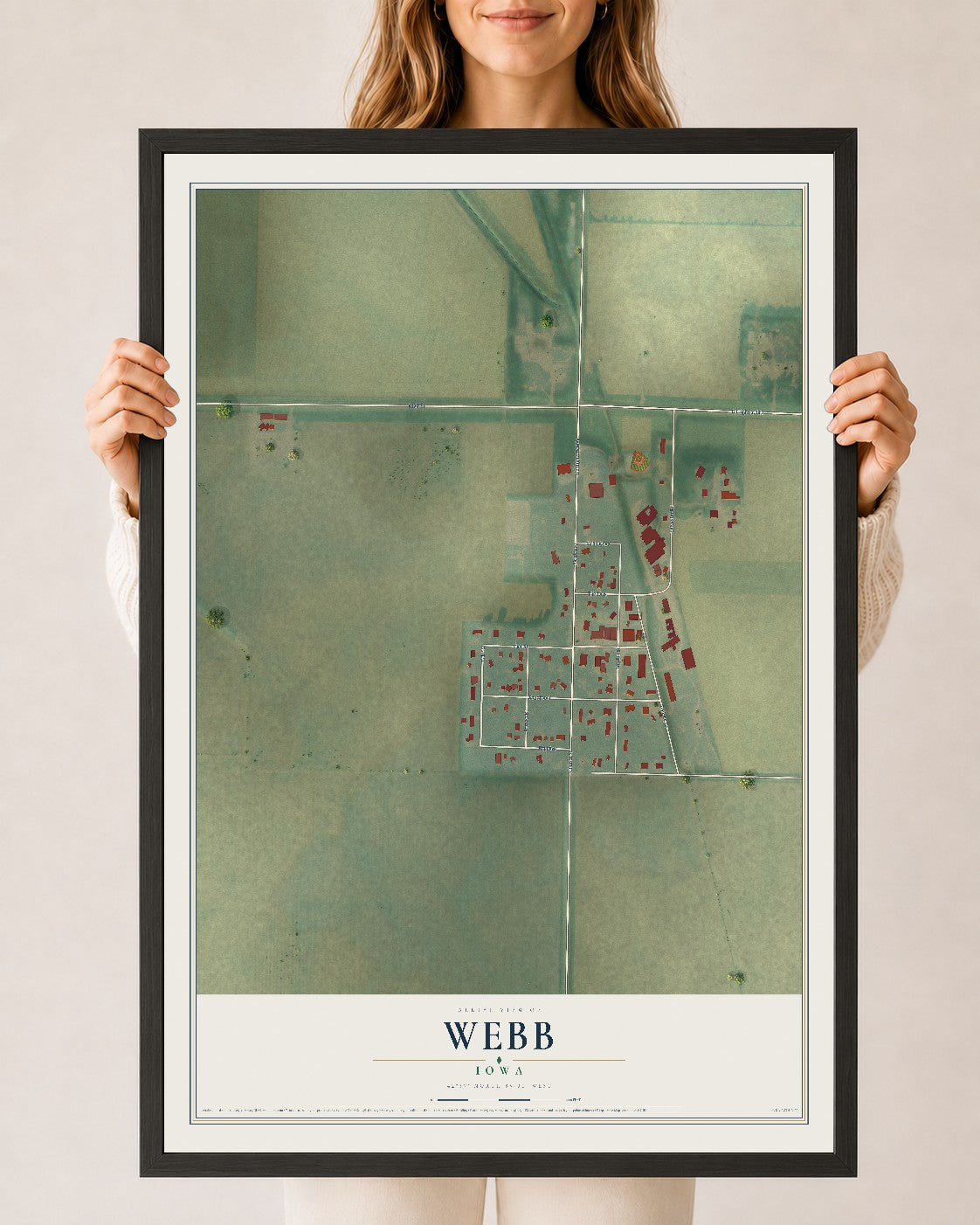 Map of Webb, Iowa, 24 x 36 inch print in a black wood frame