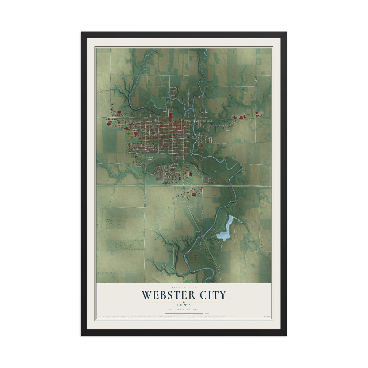 Map of Webster City, Iowa, 12 x 18 inch print in a black wood frame