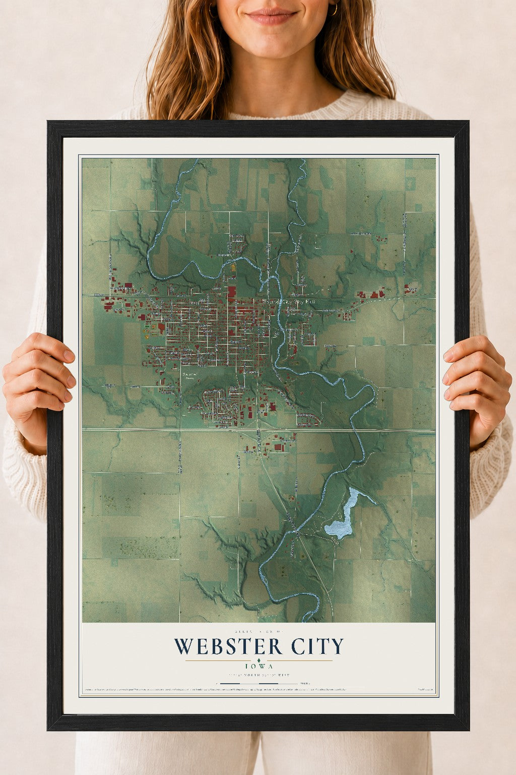 Map of Webster City, Iowa, 18 x 24 inch print in a black wood frame