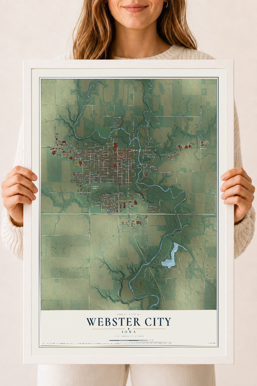 Map of Webster City, Iowa, 18 x 24 inch print in a white wood frame