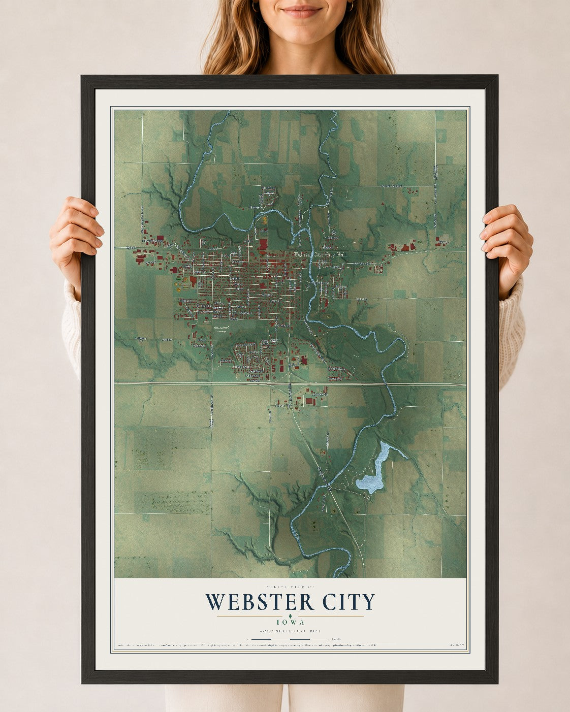 Map of Webster City, Iowa, 24 x 36 inch print in a black wood frame