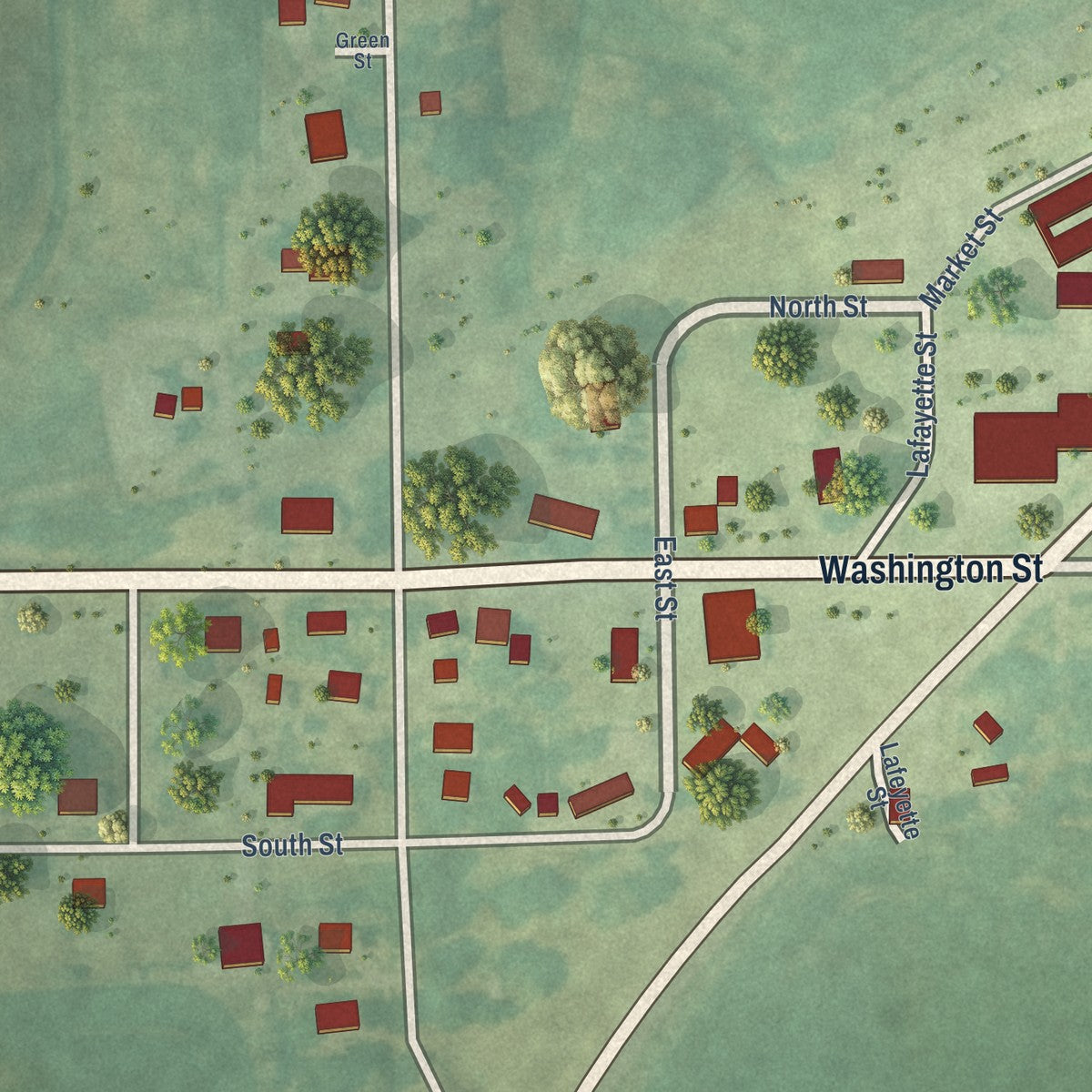 Close-up of the map of Webster, Iowa print showing street and building detail