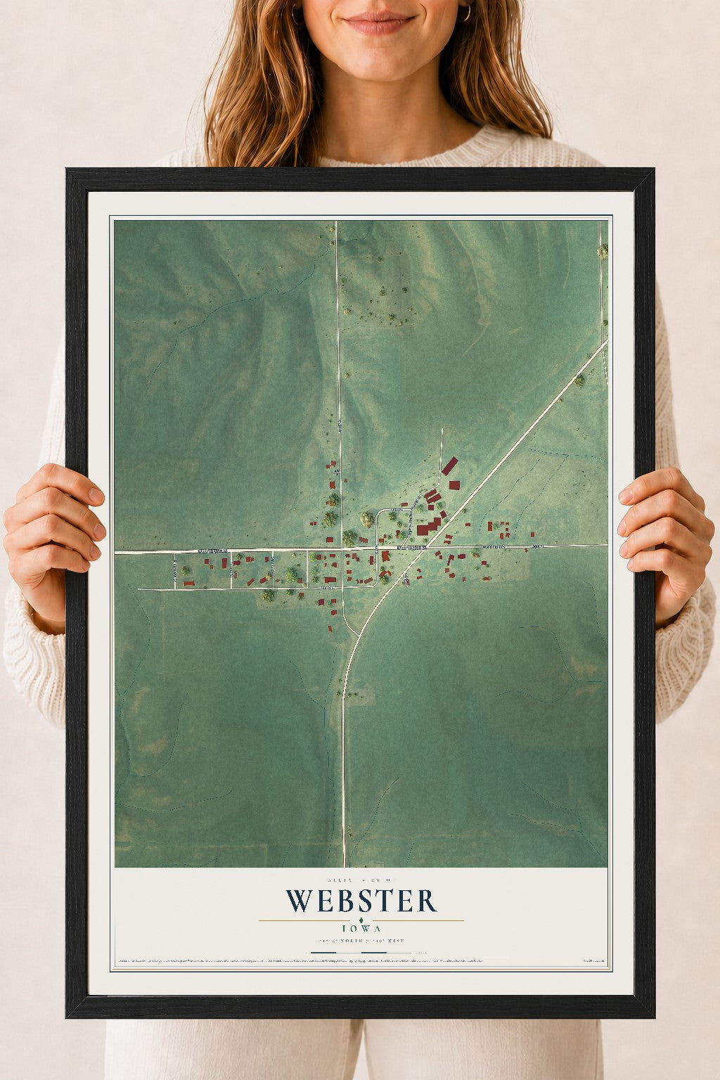 Map of Webster, Iowa, 18 x 24 inch print in a black wood frame