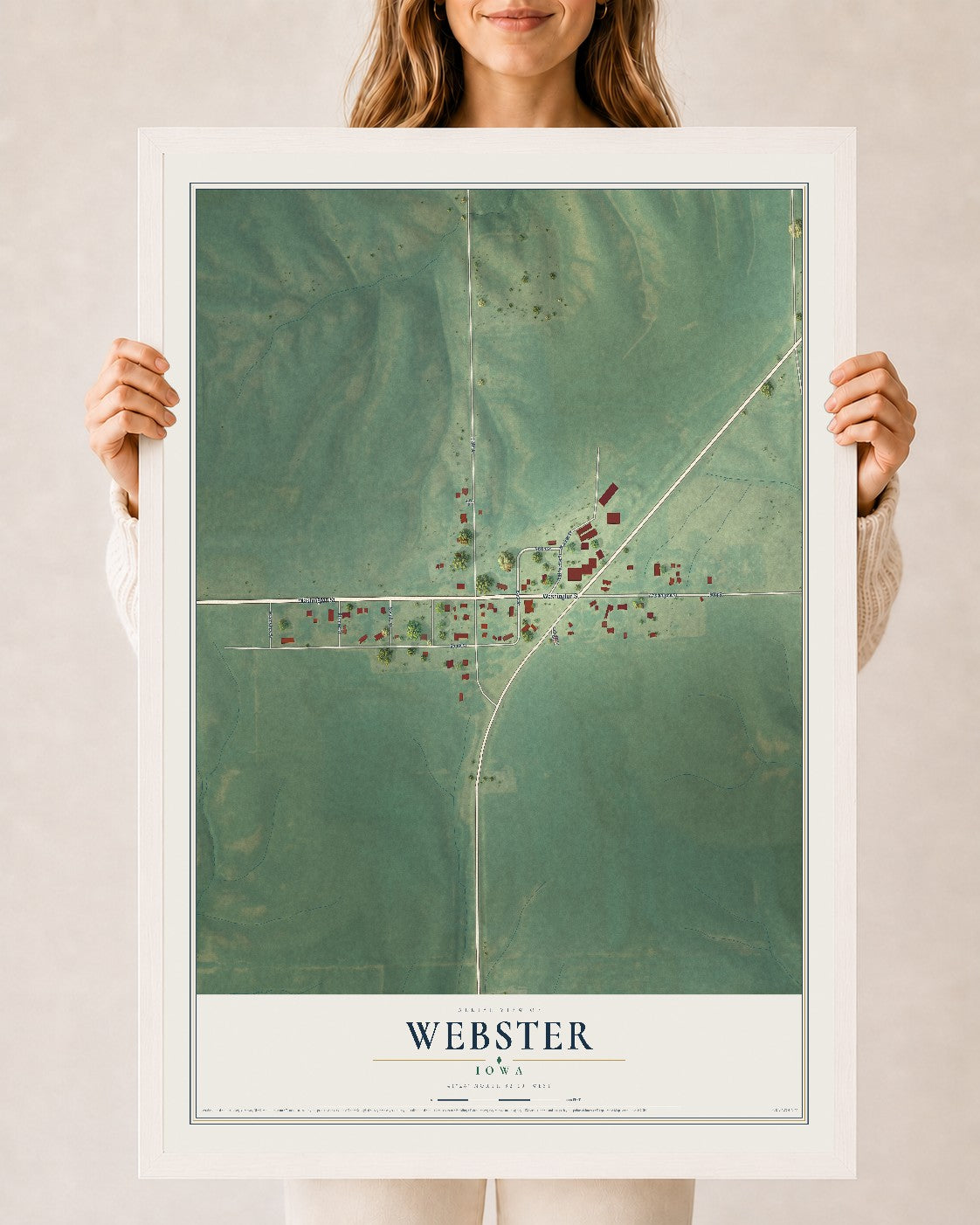 Map of Webster, Iowa, 24 x 36 inch print in a white wood frame