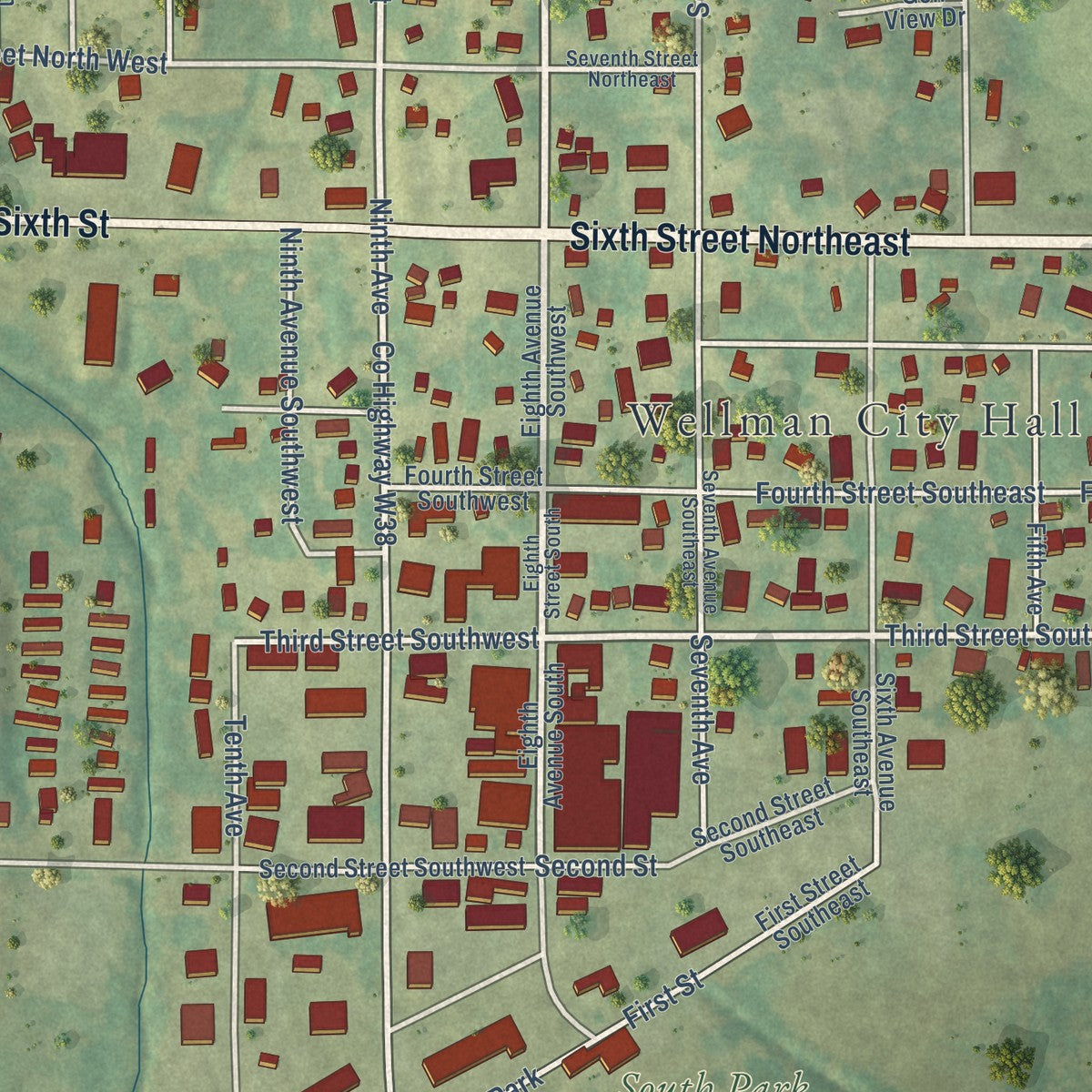 Close-up of the map of Wellman, Iowa print showing street and building detail