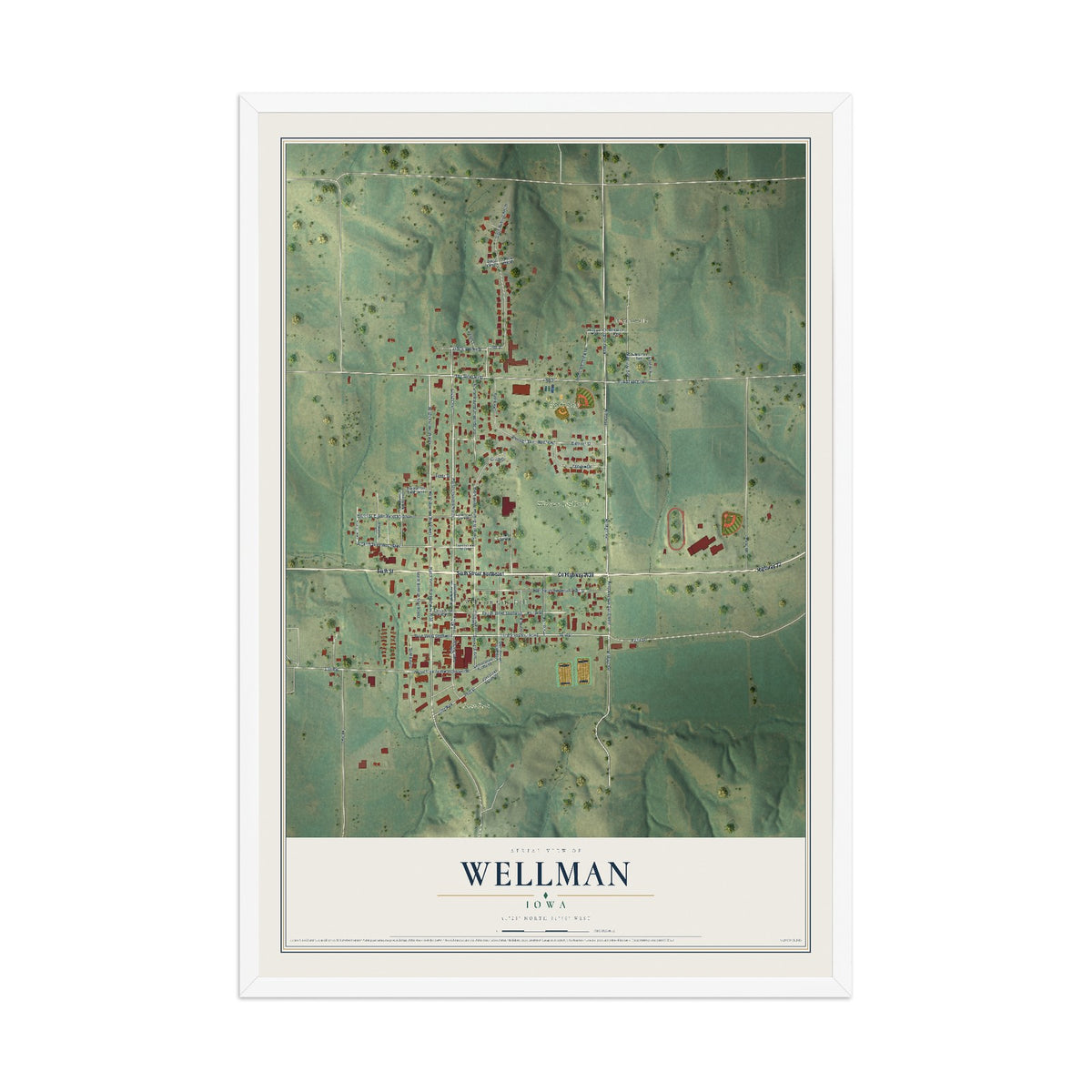 Map of Wellman, Iowa, 12 x 18 inch print in a white wood frame