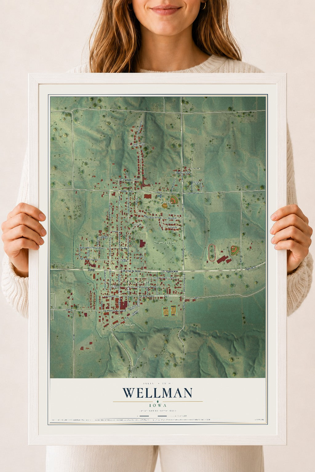 Map of Wellman, Iowa, 18 x 24 inch print in a white wood frame