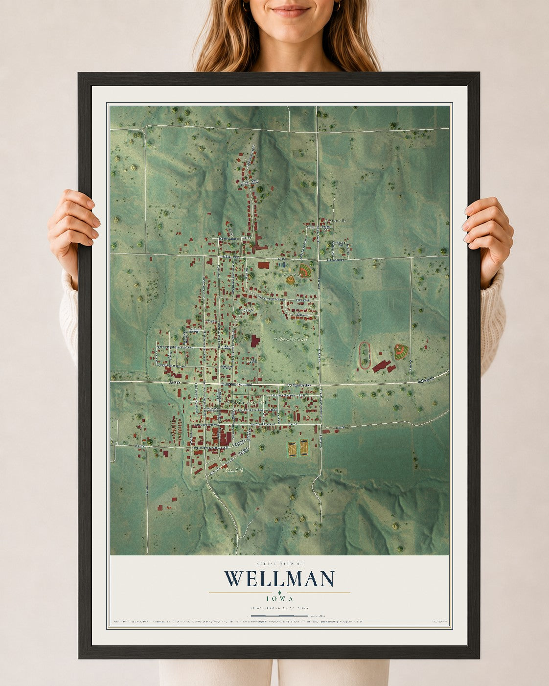 Map of Wellman, Iowa, 24 x 36 inch print in a black wood frame