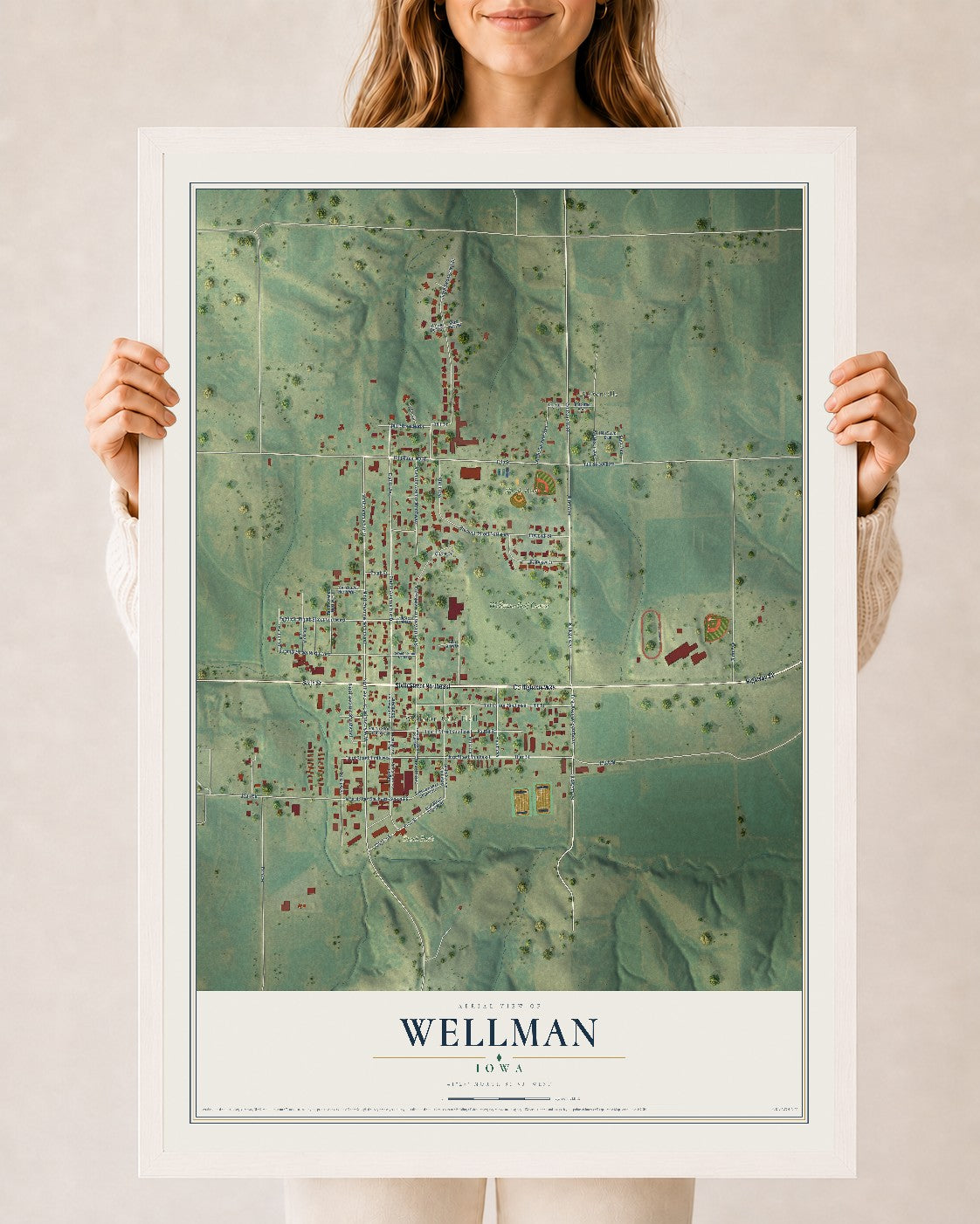 Map of Wellman, Iowa, 24 x 36 inch print in a white wood frame
