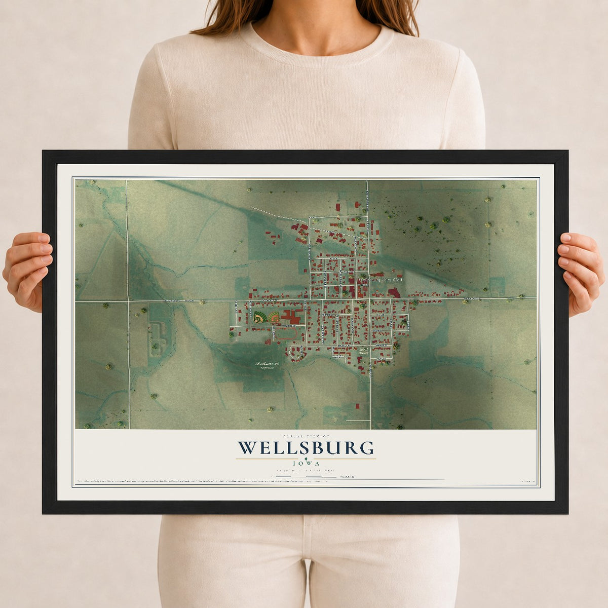 Map of Wellsburg, Iowa, 12 x 18 inch print in a black wood frame